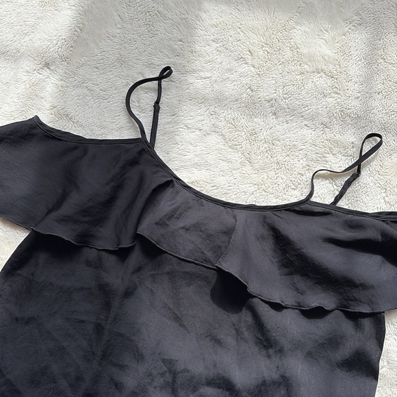 Victoria’s Secret Black Off-Shoulder Satin Ruffle Top - Spaghetti Strap Blouse - Picture 2 of 7